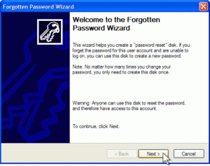 Welcome to the Forgotten Password Wizard page with Next selected