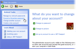 User Accounts window with Prevent a forgotten password selected in Related Tasks area