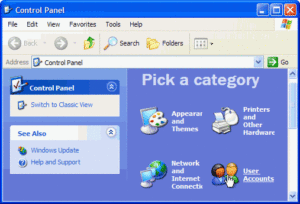 Control Panel window with User Accounts selected